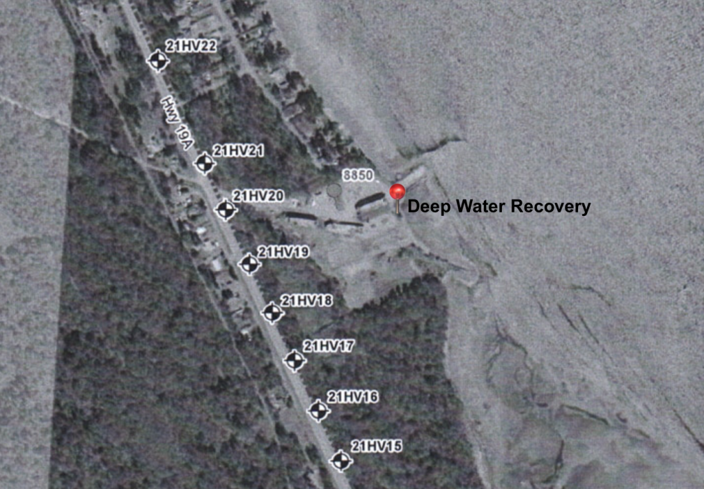 Aerial view that shows sites along the highway for Fortis BC's proposed gasline. The sites are very close to Deep Water Recovery, which can be seen in the map, to the right of some of the sites.